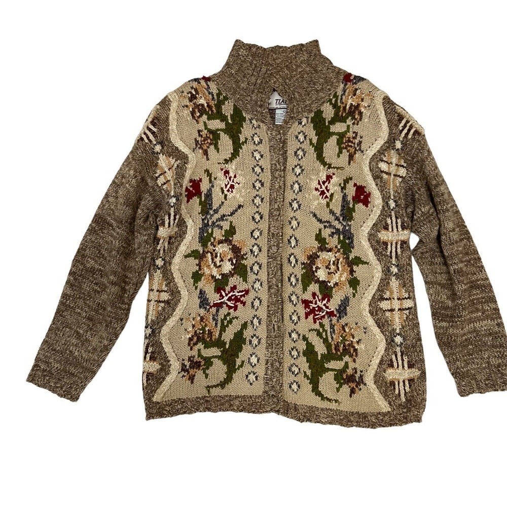 VINTAGE TIARA INTERNATIONAL WOMENS EMBROIDERED CARDIGAN FLORAL HIGH NECK SZ L